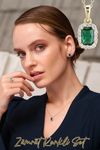 Hepimitu Zümrüt Renkli Taşlı Altın Set - 3'lü 14 Ayar