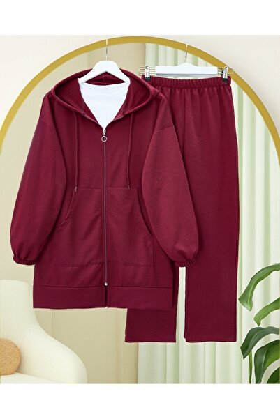 Modamorfo Zippered Hooded Combed Cotton Suit - Burgundy