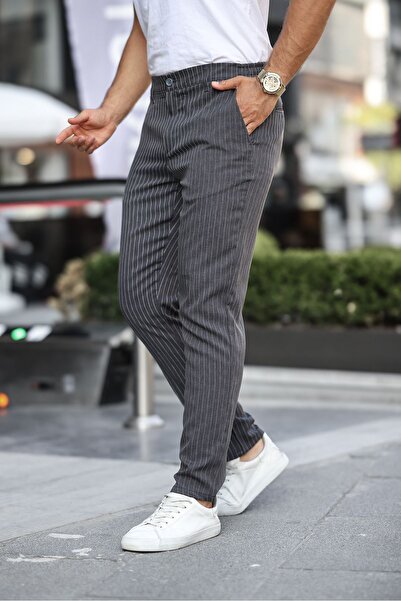 comstar Men's Slim Fit Straight Leg Basic Ksmoked Striped Trousers