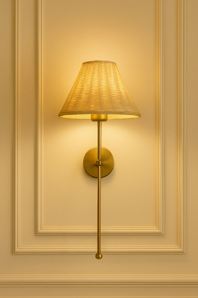 burenze Modern Tasarım Bambu Hasır Şapkalı Pilli Aplik Kablosuz Tak Çalıştır Aç Kapa Butonlu Eskitme Gold