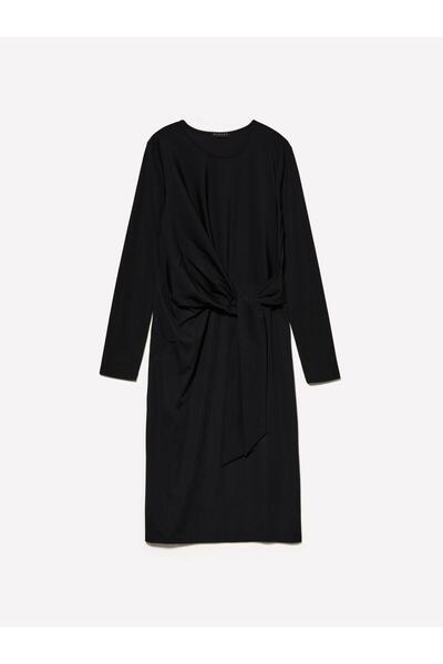 Sisley Viscose Blend Front Knot Detail Long Sleeve Dress Women Black Dress - 324A4Nqxlv066