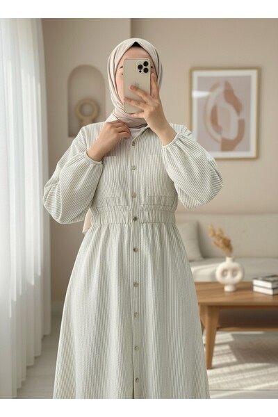 Modamorfo Φόρεμα με ελαστική μέση και ριγέ κουμπιά στο μήκος - Μπεζ