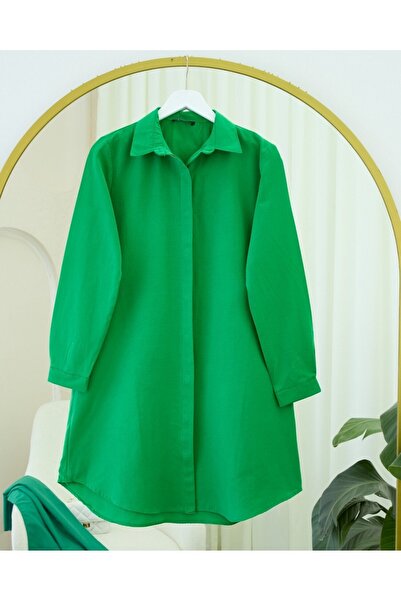 Modamorfo Oval Cut Long Shirt with Hidden Buttons - Green