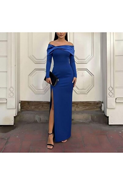 Modafeminen Esnek Krep Kumaş Fiyonk Detaylı Parlak Saten Kumaş Abiye Elbise 583327 SAKS