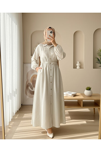 Modamorfo Φόρεμα με ελαστική μέση και ριγέ κουμπιά στο μήκος - Μπεζ