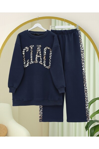 Modamorfo Three-Thread Sweat Suit with Leopard Print Detail on the Front - Navy