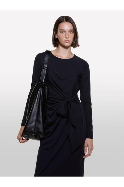 Sisley Viscose Blend Front Knot Detail Long Sleeve Dress Women Black Dress - 324A4Nqxlv066