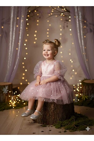 penu baby kids Κοριτσίστικο φόρεμα με μοτίβο σε σκόνη με φιόγκο κοντό μπαλόνι μανίκι - αστέρι