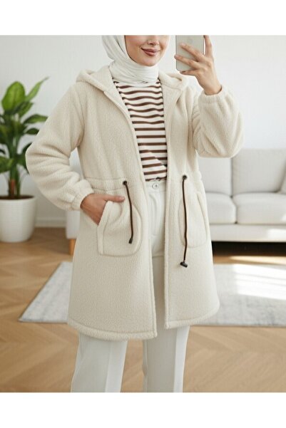 Modamorfo Ecru Plush Coat - Elastic Waist, Hoodie and Zipper