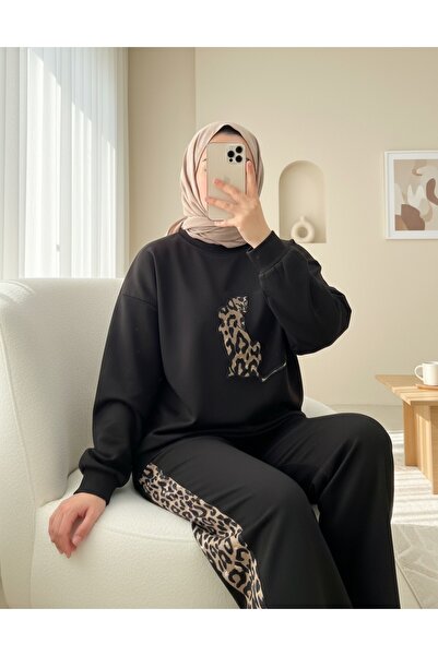 Modamorfo Scuba Suit with Leopard Figure and Patterned Pants - Black