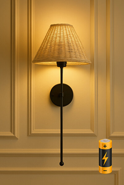 burenze Modern Tasarım Bambu Hasır Şapkalı Pilli Aplik Kablosuz Tak Çalıştır Aç Kapa Butonlu Siyah