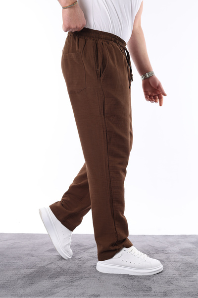 comstar Men's Elastic Waist Loose Brown Linen Baggy Trousers