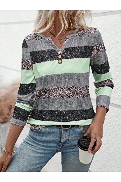 KentselBazaar Women's Long Sleeve Button down Collar Striped Pattern Single Jersey Blouse