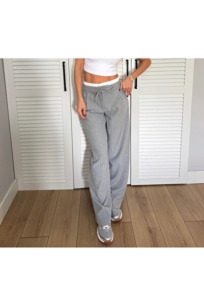 Daves Gray Striped Double Waist Detailed Drawstring Loose Wide Leg Palazzo Pants