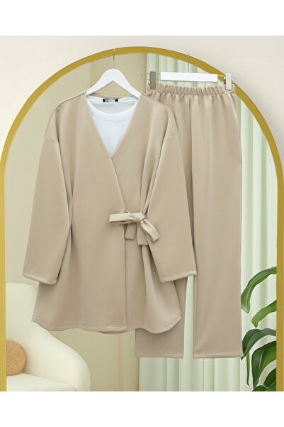 Modamorfo Buy Double Tie Scuba Kimono Set - Beige