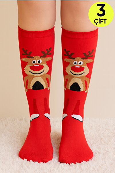 Esinti Men Women Children Christmas Deer Themed Red Gift Long Christmas Stockings 3 Pairs