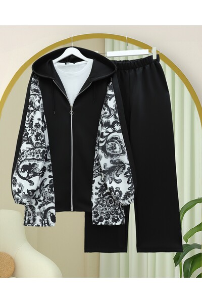 Modamorfo Zippered hooded patterned scuba suit - black