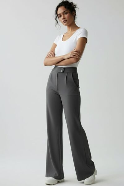 enmodaiçgiyim Dark Gray High Waist Wide Leg Palazzo Pants – Stretchy Textured Fabric, Wide Leg
