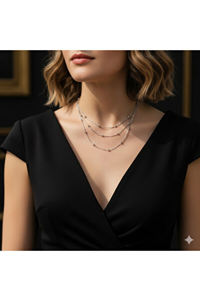 MR Çelik Üçlü Sıralı Silver Topçuk Dorika Kolye