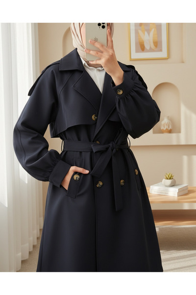Modamorfo Omzu Epaulettes Double Buttoned Bolero Trench Coat with Pockets and Belt - Navy