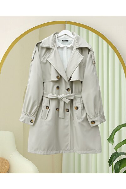 Modamorfo Omzu Epaulettes Double Buttoned Bolero Pocketed Belted Trench Coat -Stone
