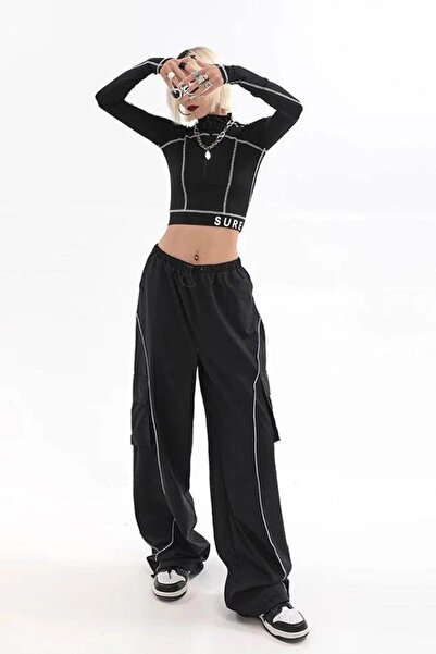 Karakedi Black Elastic Trousers with White Stripe Detail and Cargo Pocket