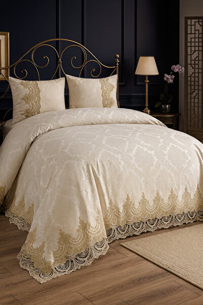 Çeyiz Bahçesi Ahenk Cappuccino Fransız Güpürlü 3 Parça Çift Kişilik Yatak Örtüsü