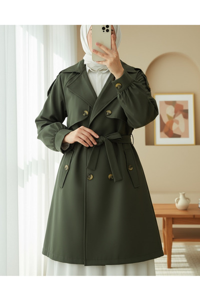 Modamorfo Omzu Epaulet Double Buttoned Bolero Trench Coat with Pockets and Belt - Khaki