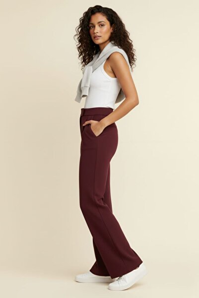 enmodaiçgiyim Burgundy Women's High Waist Stretch Fabric Velcro Closure Palazzo Wide Leg Trousers