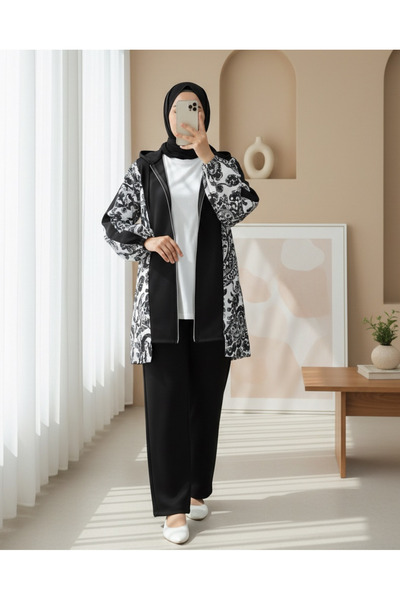 Modamorfo Zippered hooded patterned scuba suit - black