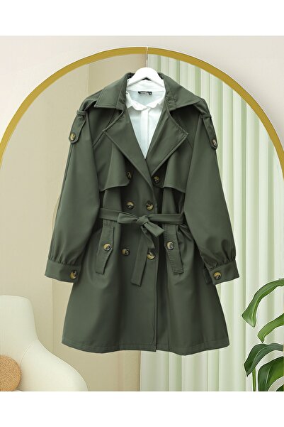 Modamorfo Omzu Epaulet Double Buttoned Bolero Trench Coat with Pockets and Belt - Khaki