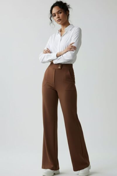 enmodaiçgiyim Brown High Waist Wide Leg Palazzo Pants – Stretchy Textured Fabric, Wide Leg