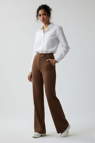 enmodaiçgiyim Brown High Waist Wide Leg Palazzo Pants – Stretchy Textured Fabric, Wide Leg