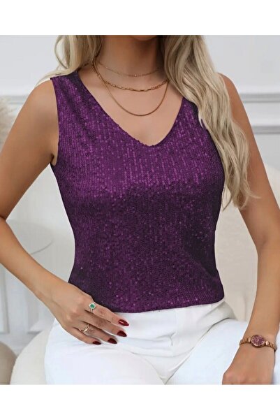 Modamorfo Plum Color Sequin Sequined Zero Sleeve Blouse