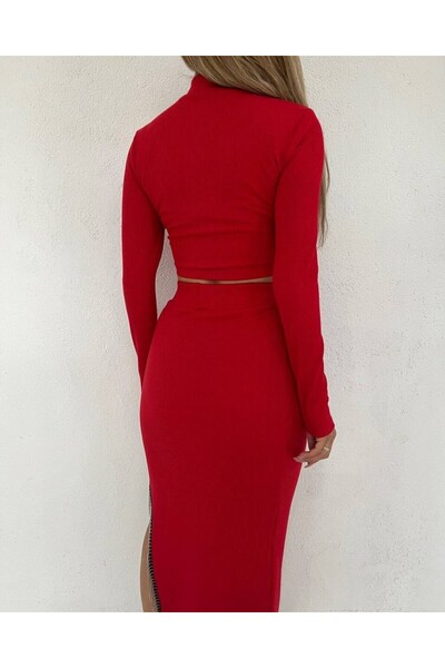 Modamorfo Tassel Detailed Crop Slit Skirt Suit