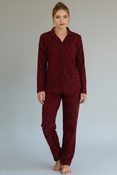 Ladnie iç giyim Leopard Red Suede Pajama Set
