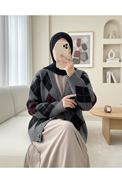 Modamorfo Buttoned Square Patterned Double Layer Knit Cardigan - Smoked