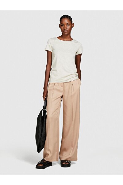 Sisley Γυναικείο μπλουζάκι από βαμβακερό μείγμα με λαιμόκοψη σε μπεζ χρώμα - 324P3TNHL103L