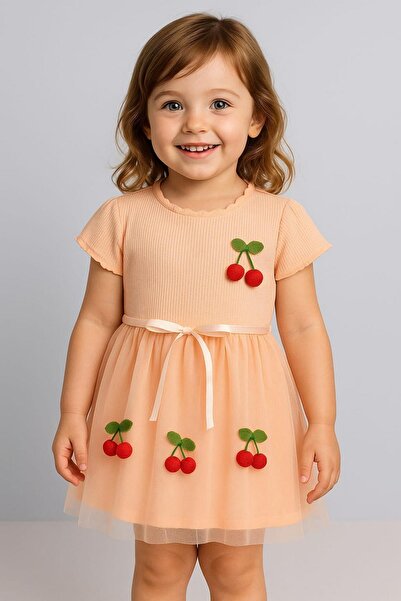 dinamik çocuk Рокля с къс ръкав и подплата от тюл за момиче с череши, специал...
