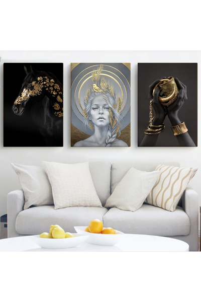 KOLAJTASARIM Siyah Altın At, Buğday Saçlı Kız ve Takı Tutan Siyahi Eller 3'lü...