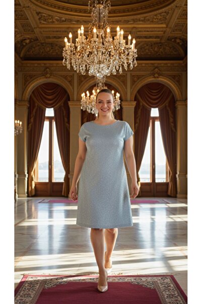 Nidya Moda Büyük Beden Kadın Mint Simli Kaplama Dantel Vako Abiye Elbise-4035sm