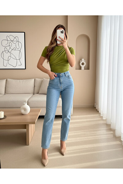 Modamorfo Cross Gathered Short Sleeve Sandy Blouse - Oil Green