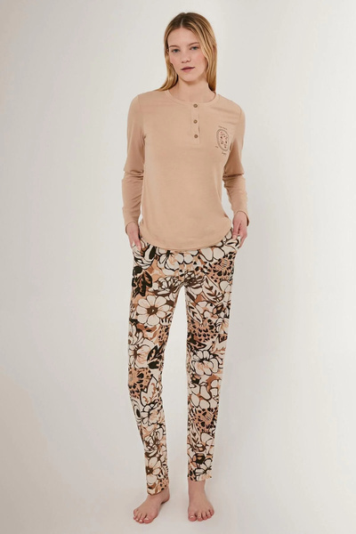 Arnetta Nap Time Is Happy - Light Brown Women's Long Sleeve Pajama Set