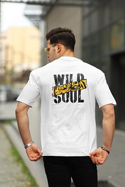 comstar Men's Wild Soul Text Print Oversize White Loose T-Shirt
