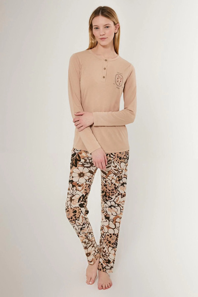 Arnetta Nap Time Is Happy - Light Brown Women's Long Sleeve Pajama Set