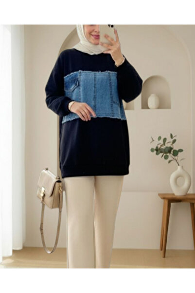 Modamorfo Round Neck Sweatshirt with Denim Pocket Detail on the Front - Black