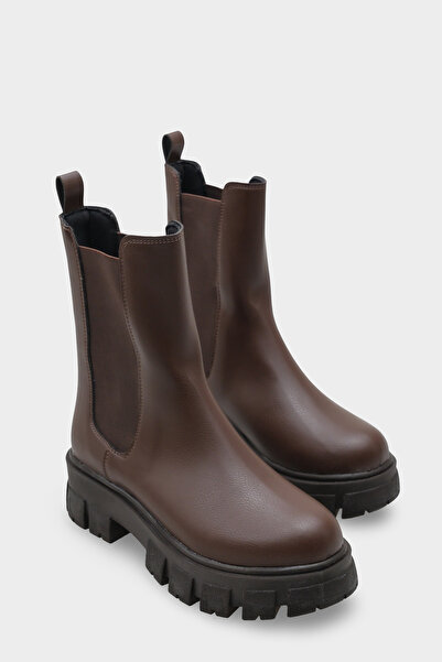 meyra'nın ayakkabıları Women's Brown Leather Elastic Thick Sole Boots