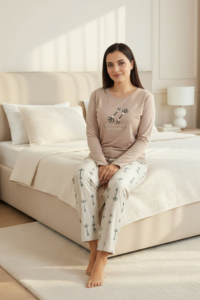 Bravie Elite Viscose Long Plus Size Pajama Set with Six Lines and Writing on the Top Powder 3597