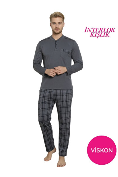 bie's Ανδρικό σετ πιτζάμες με καπνιστό καρό σχέδιο ελαστικό ύφασμα βαμβακερό μακρυμάνικο χειμερινό σετ πιτζάμες με τσέπη στο στήθος