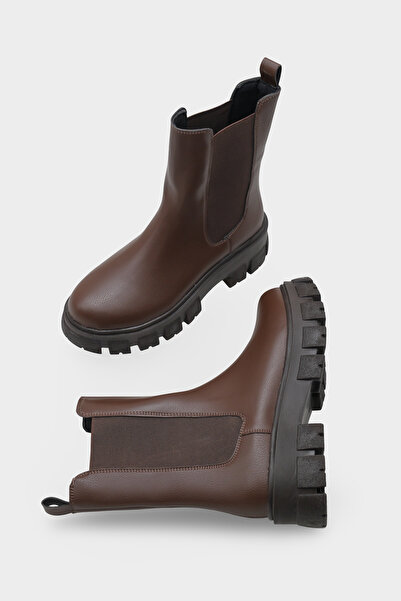 meyra'nın ayakkabıları Women's Brown Leather Elastic Thick Sole Boots